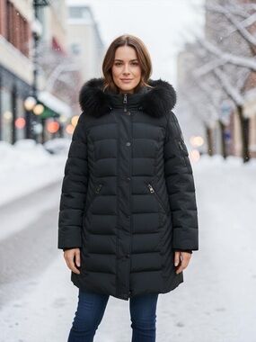 SOKOS, Charcoal Black Winter Coat , Quilted Parka Fox Fur Hood, Medium